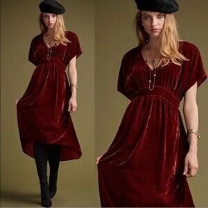 Cabi Grace Tribute Dress M #3696 Brick Red Velvet Short Sleeves Flowy High low